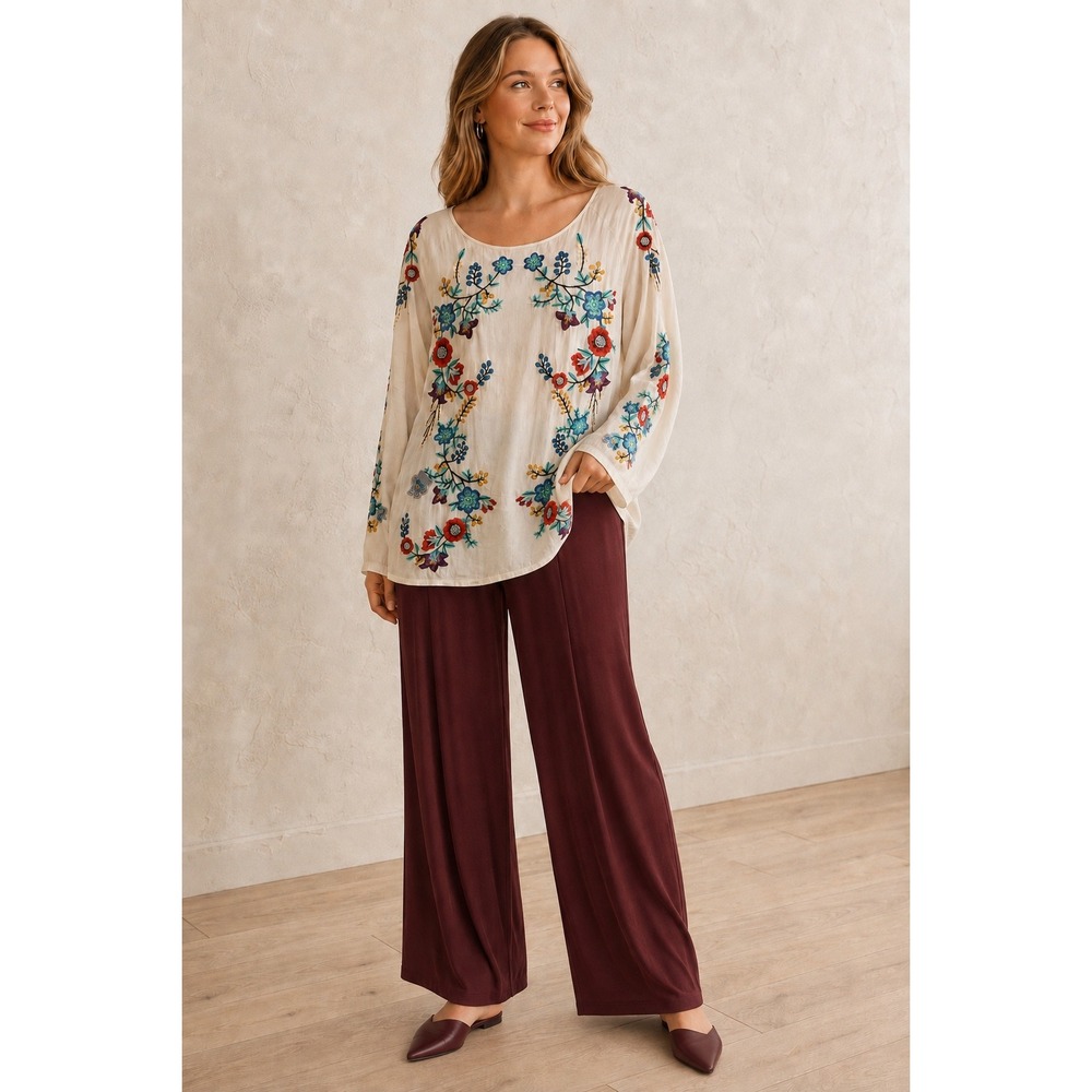 Johnny Was Ivory Floral Embroidered Blouse L Cupra Rayon Boho Tunic